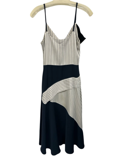 Adeam Size 2 White & Navy Blue Rayon Blend Stripe Spaghetti Strap V Neck Dress White & Navy Blue / 2