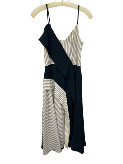 Adeam Size 2 White & Navy Blue Rayon Blend Stripe Spaghetti Strap V Neck Dress White & Navy Blue / 2