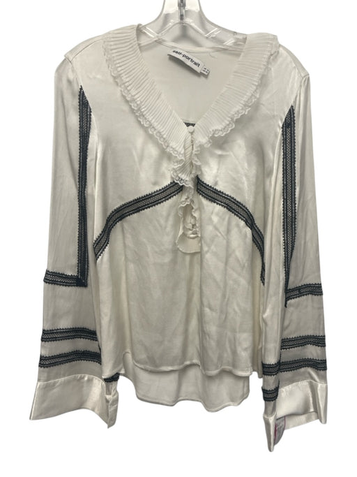 Self Portrait Size 10 White Viscose Lace Detail 1/2 Button Satin Collared Top White / 10