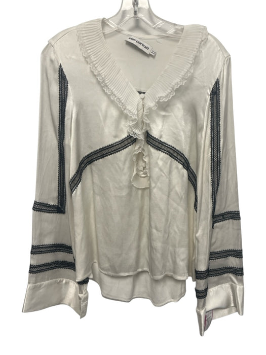 Self Portrait Size 10 White Viscose Lace Detail 1/2 Button Satin Collared Top White / 10
