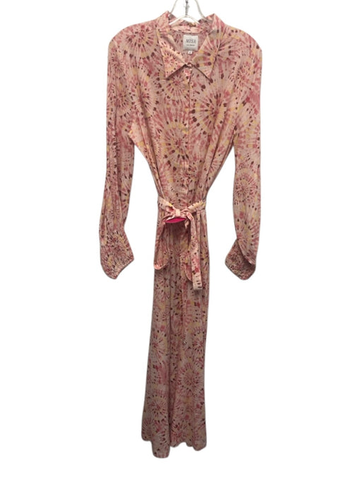 Misa Size L Pink & Multi Rayon Blend Button Front Long Sleeve Tie Belt Dress Pink & Multi / L