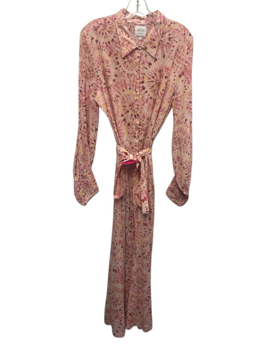 Misa Size L Pink & Multi Rayon Blend Button Front Long Sleeve Tie Belt Dress Pink & Multi / L