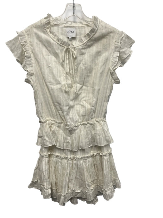 Misa Size XS White Cotton Ruffle Cap Sleeve Metallic Thread V Neck Midi Dress White / XS