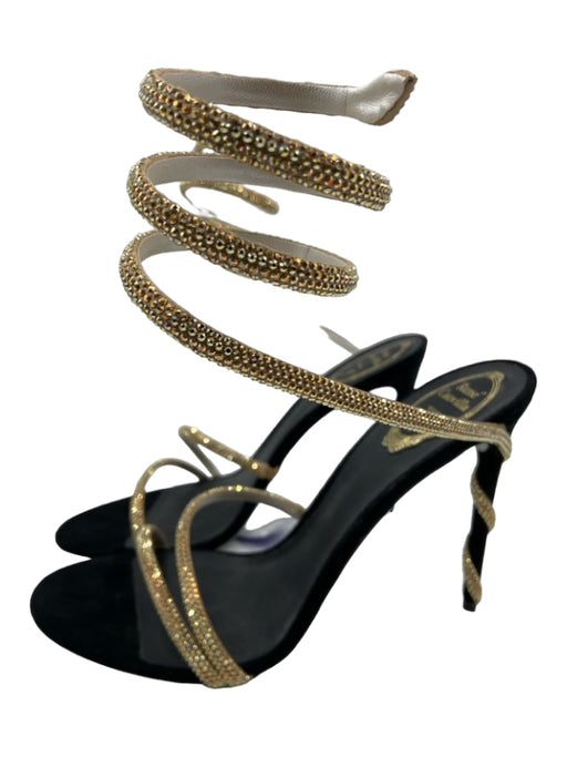 Rene Caovilla Shoe Size 42 Black & Gold Suede open toe Spiral Ankle Pumps Black & Gold / 42