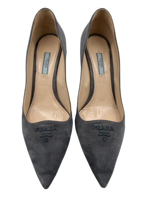 Prada Shoe Size 41 Gray Suede Pointed Toe Stiletto Logo Closed Heel Pumps Gray / 41