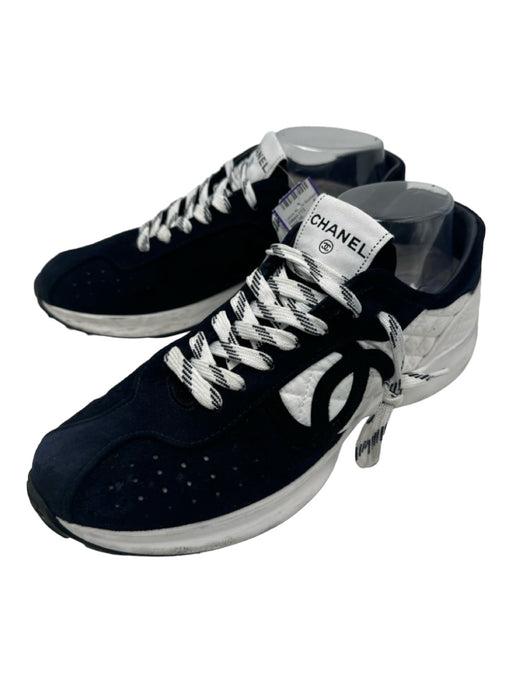 Chanel Shoe Size 41.5 Navy & white Suede Quilted Perforated Lace Up Sneakers Navy & white / 41.5