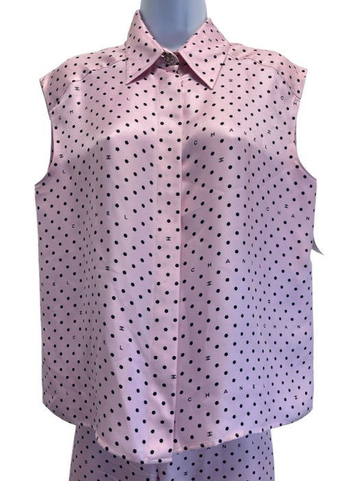 Chanel Size 46 Pink & Black Silk Polka Dots Elastic Waist Vest Pants Set Pink & Black / 46
