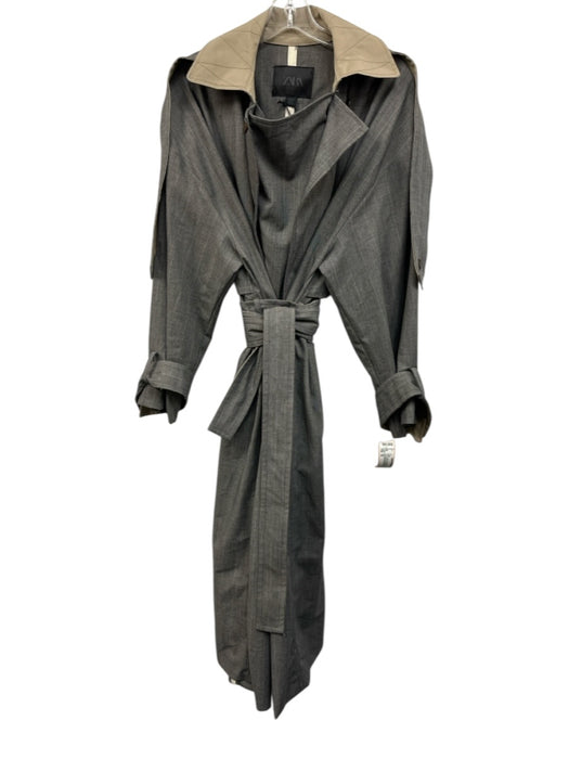 Zara Size M Gray & Beige Polyester & Wool Long Sleeve Buttons Trench Coat Gray & Beige / M