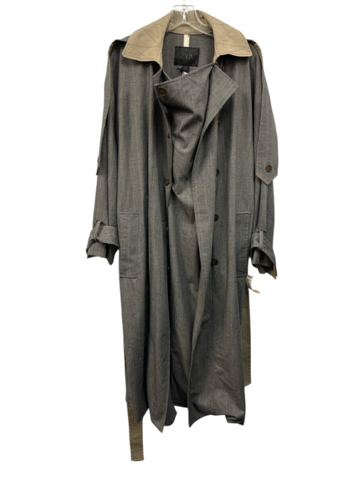 Zara Size M Gray & Beige Polyester & Wool Long Sleeve Buttons Trench Coat Gray & Beige / M