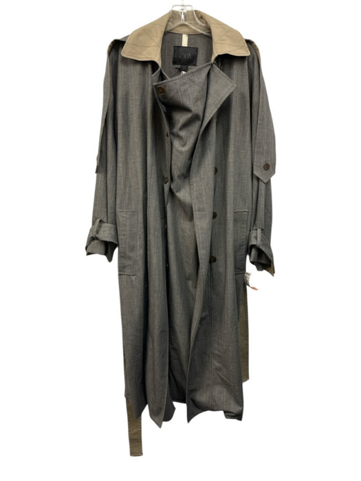 Zara Size M Gray & Beige Polyester & Wool Long Sleeve Buttons Trench Coat Gray & Beige / M