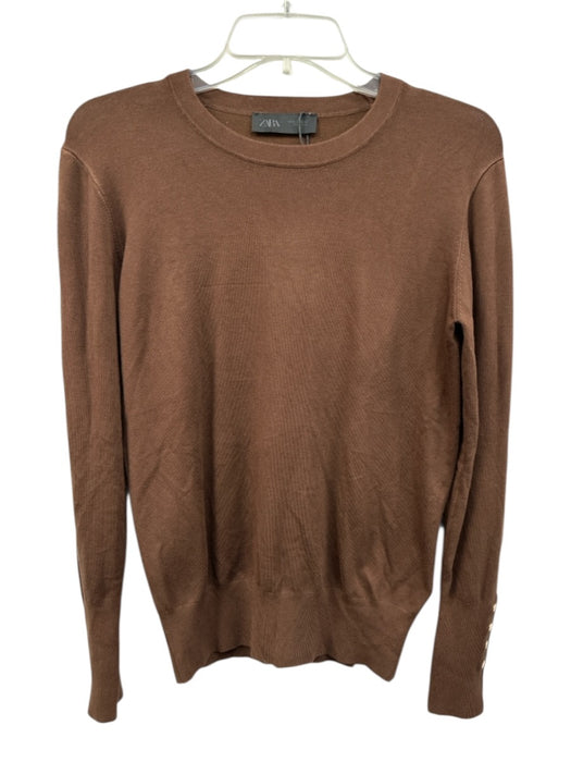 Zara Size XL Brown Viscose & Polyamide Long Sleeve Knit Gold Buttons Top Brown / XL