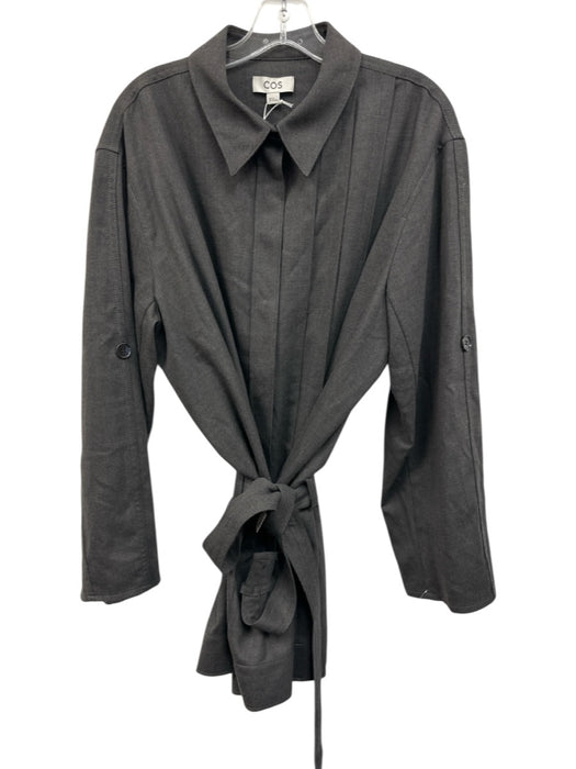 COS Size 44 Gray Polyester & Wool Long Sleeve Buttons Pintuck Waist Tie Top Gray / 44