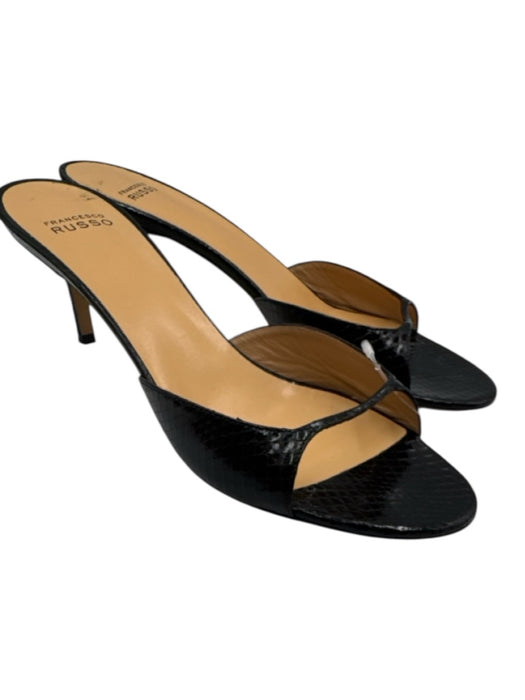 Francesco Russo Shoe Size 41 Black Embossed Leather Peep Toe Slip On Mules Black / 41