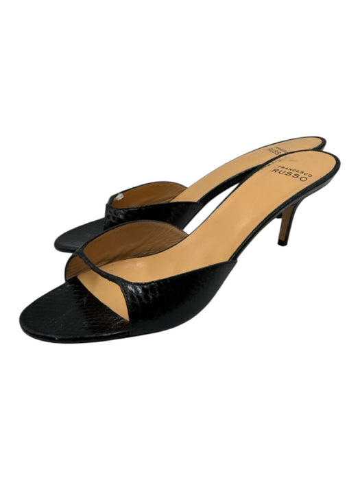 Francesco Russo Shoe Size 41 Black Embossed Leather Peep Toe Slip On Mules Black / 41