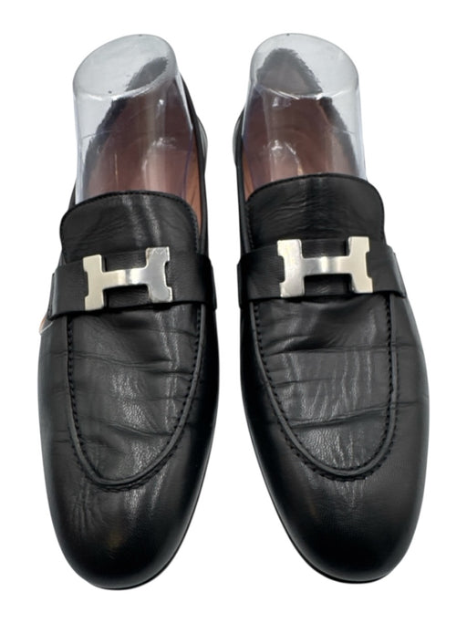 Hermes Shoe Size 41 Black Leather Silver Logo Slip On Dress Loafers Black / 41