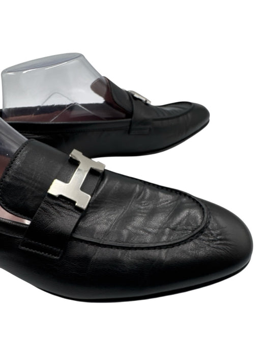 Hermes Shoe Size 41 Black Leather Silver Logo Slip On Dress Loafers Black / 41