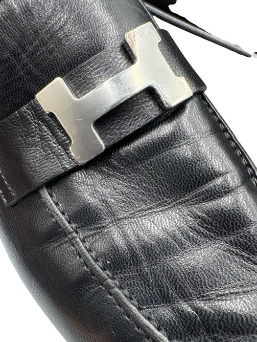 Hermes Shoe Size 41 Black Leather Silver Logo Slip On Dress Loafers Black / 41