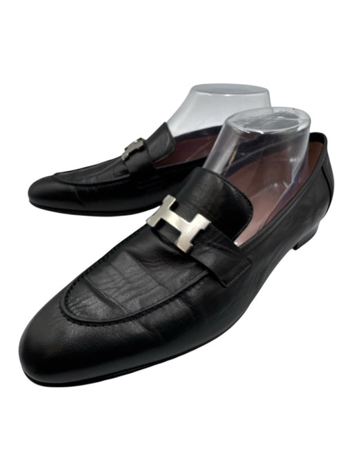 Hermes Shoe Size 41 Black Leather Silver Logo Slip On Dress Loafers Black / 41