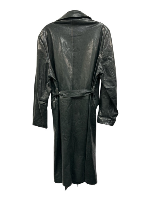 Zara Size L Dark Gray Green Leather Shiny Trench Flap Pockets Belted Coat Dark Gray Green / L