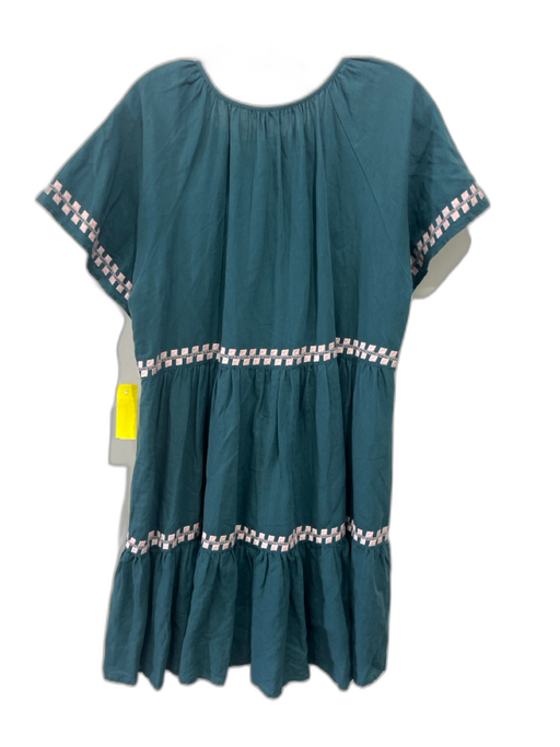 Madewell Size L Green & Pink Linen Blend Cap Sleeve Embroidered Detail Dress Green & Pink / L
