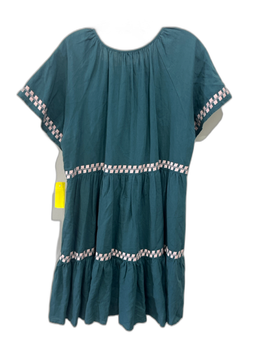 Madewell Size L Green & Pink Linen Blend Cap Sleeve Embroidered Detail Dress Green & Pink / L