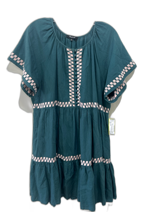 Madewell Size L Green & Pink Linen Blend Cap Sleeve Embroidered Detail Dress Green & Pink / L