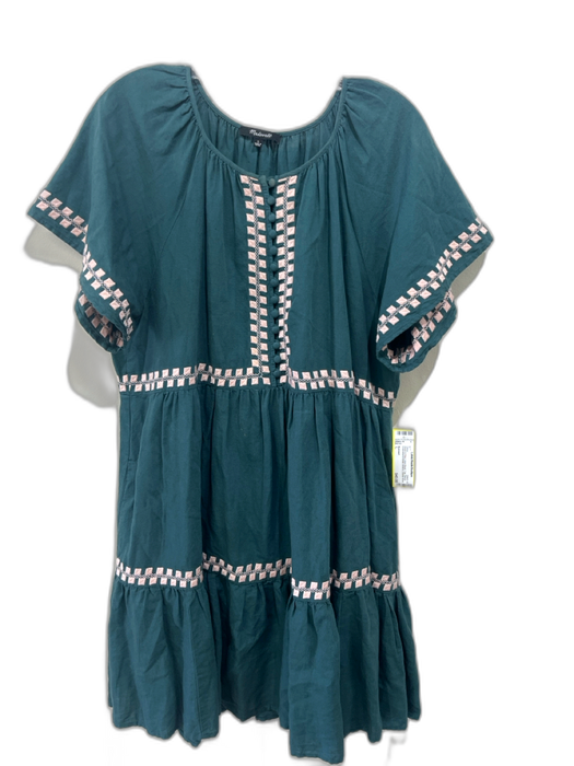 Madewell Size L Green & Pink Linen Blend Cap Sleeve Embroidered Detail Dress Green & Pink / L