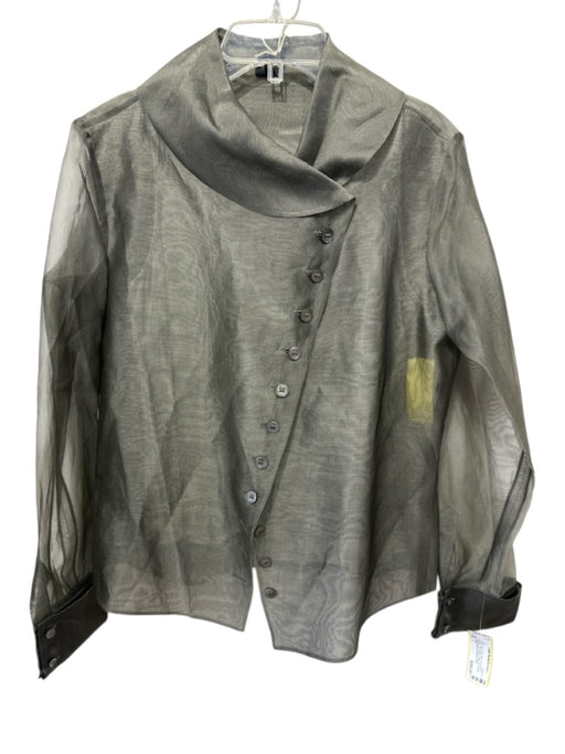 Pauw Size 3 Gray Green Silk Long Sleeve Button Front Sheer Collar Top Gray Green / 3