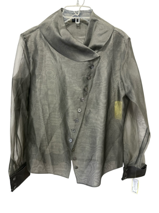 Pauw Size 3 Gray Green Silk Long Sleeve Button Front Sheer Collar Top Gray Green / 3