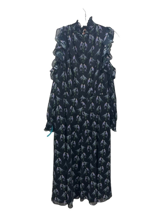 Ted Baker Size 3/L Black & Purple Polyester Smocked High Neck Long Sleeve Dress Black & Purple / 3/L