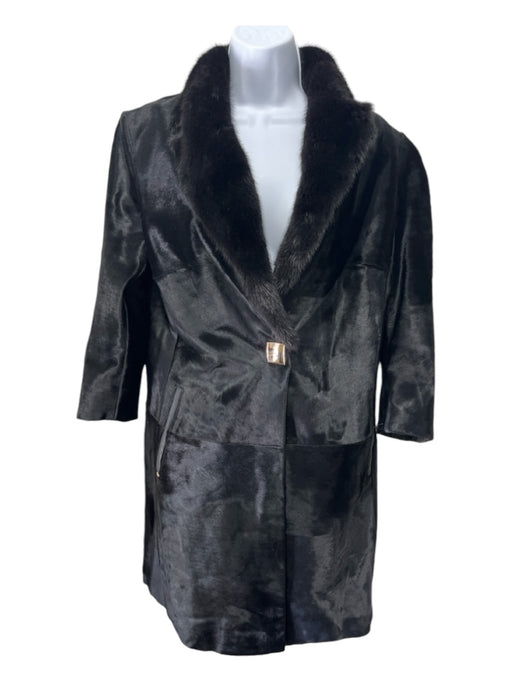 Gianni Size 38 Black Lambskin Mink trim Paneled Slit Pocket One Button Coat Black / 38