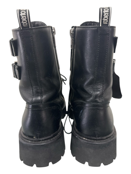 Roberto Cavalli Shoe Size 38 Black Leather Lug Sole Laces Embossed Boots Black / 38