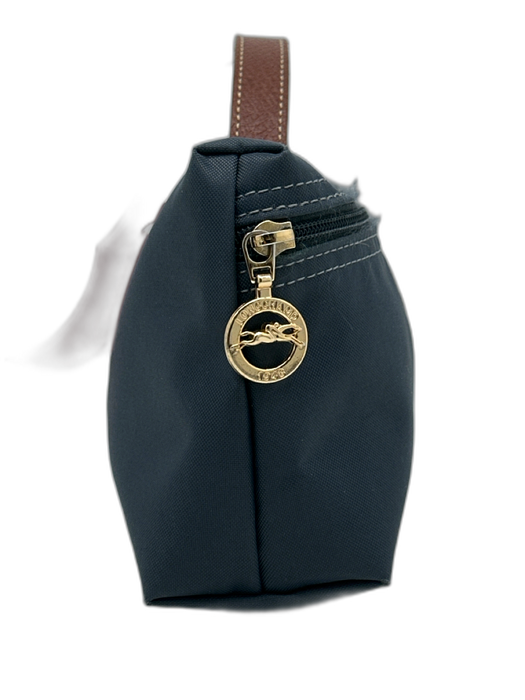 Longchamp Navy Blue & Brown Canvas & Leather Zip Close Top Handle Bag Navy Blue & Brown / Mini