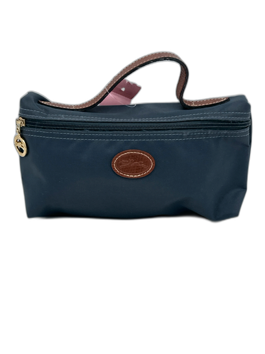 Longchamp Navy Blue & Brown Canvas & Leather Zip Close Top Handle Bag Navy Blue & Brown / Mini
