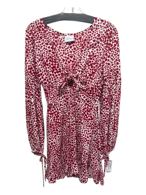 Rue Stiic Size Small White & Red Rayon Blend Long Sleeve Hearts V Neck Dress White & Red / Small