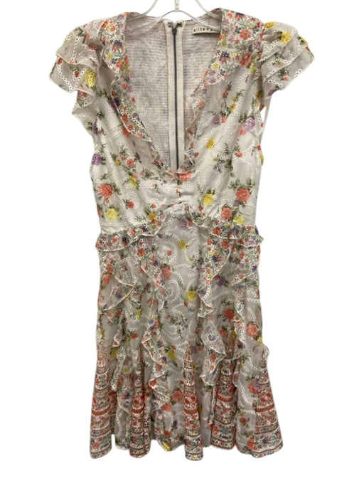 Alice & Olivia Size 2 White & Multi Polyester Flutter Cap sleeve Floral Dress White & Multi / 2