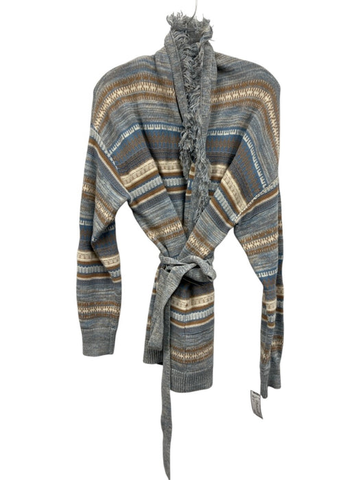 Intermix Size S Blue, White, Beige Cotton & Wool Blend Knit Geometric Cardigan Blue, White, Beige / S