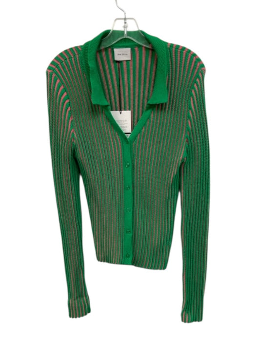 Rue Stiic Size M Pink & Green Cotton Ribbed Striped Collar Button up Cardigan Pink & Green / M