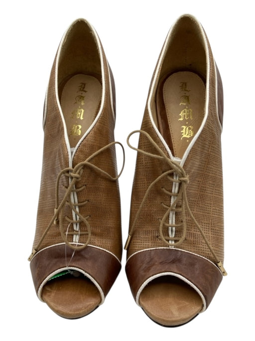L.A.M.B. Shoe Size 9.5 Brown & White Leather Color Block Peep Toe Lace Up Pumps Brown & White / 9.5
