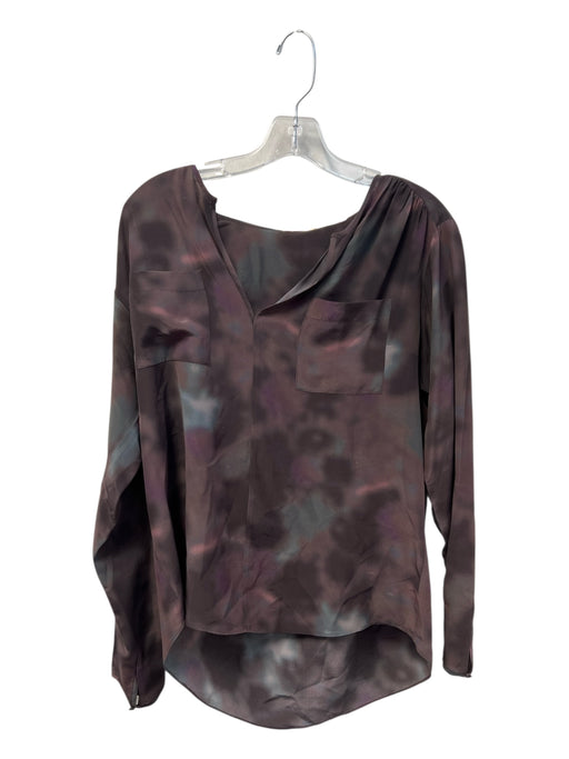 Rebecca Taylor Size 8 Dark Brown & Multi Silk V Neck Pocket Long Sleeve Top Dark Brown & Multi / 8