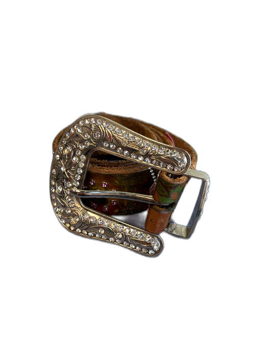 No Brand Brown & Green Leather Silver Hardware Rhinestone Detail Belts Brown & Green / Est S