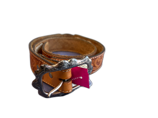 No Brand Brown & Beige Leather Silver Hardware Woven Detail Embossed Belts Brown & Beige / 32