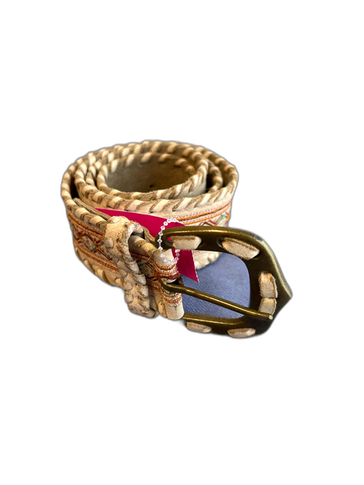 No Brand Beige Leather Brass Hardware Embroidered Design Belts Beige / M