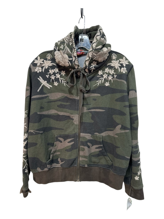 Johnny Was Size S Green & Multi Cotton Camo Floral Embroidery Zip Front Jacket Green & Multi / S