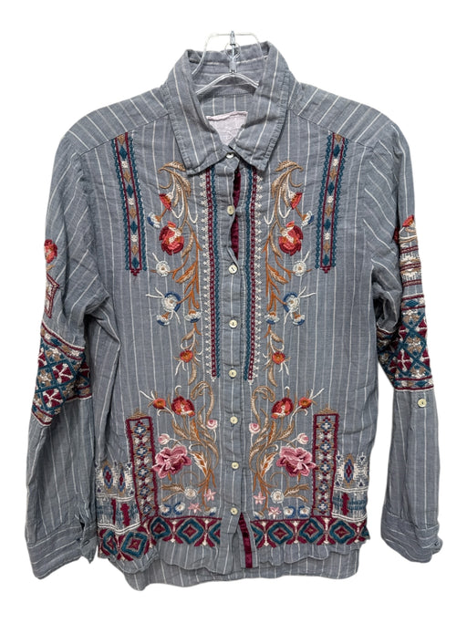 Johnny Was Workshop Size S Grey & Multi Cotton & Linen Button Up Striped Top Grey & Multi / S