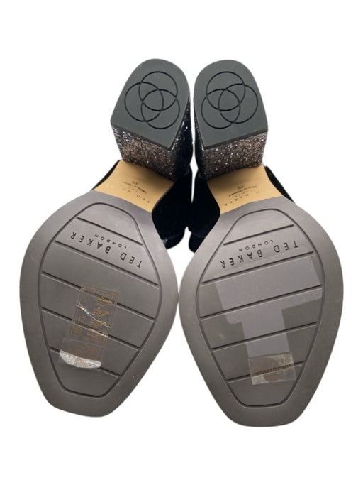 Ted Baker Shoe Size 39 Silver & Black Leather Velvet Block Heel Peep Toe Sandals Silver & Black / 39