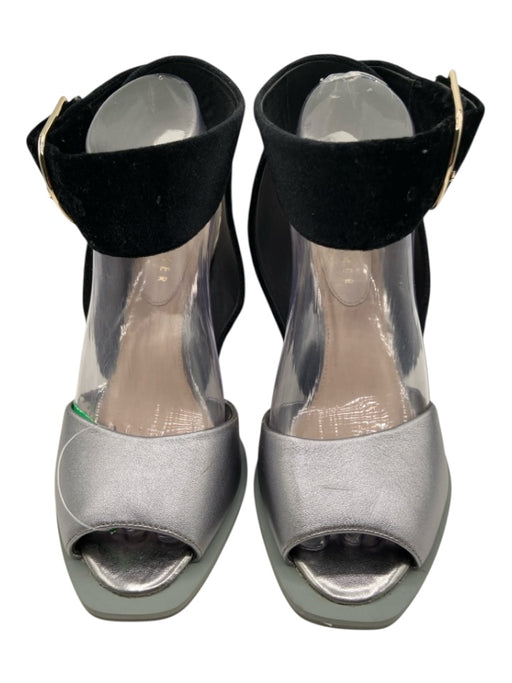Ted Baker Shoe Size 39 Silver & Black Leather Velvet Block Heel Peep Toe Sandals Silver & Black / 39