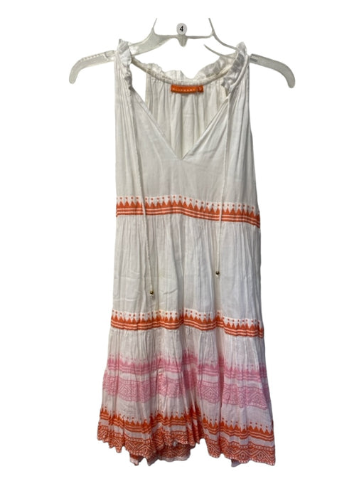 Oliphant Size Small White, Orange & Pink Cotton Sleeveless V Neck Tiered Dress White, Orange & Pink / Small