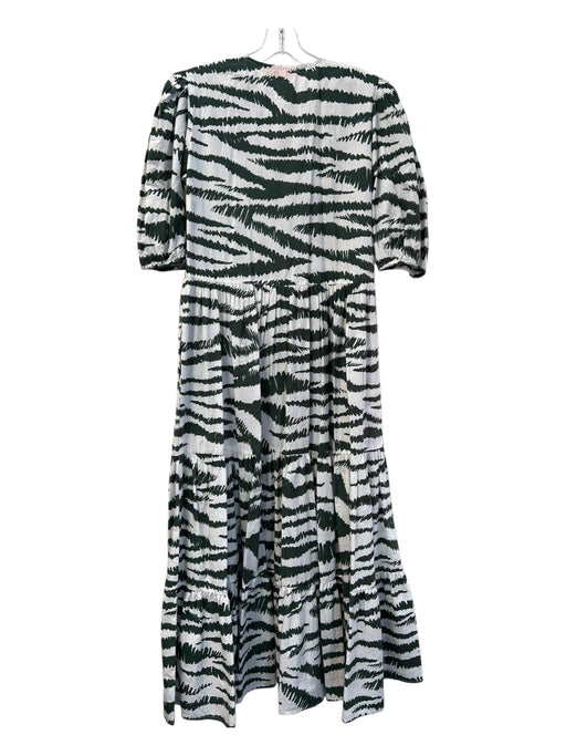 Oliphant Size Small White & Green Cotton round split neck Raw edge striped Dress White & Green / Small