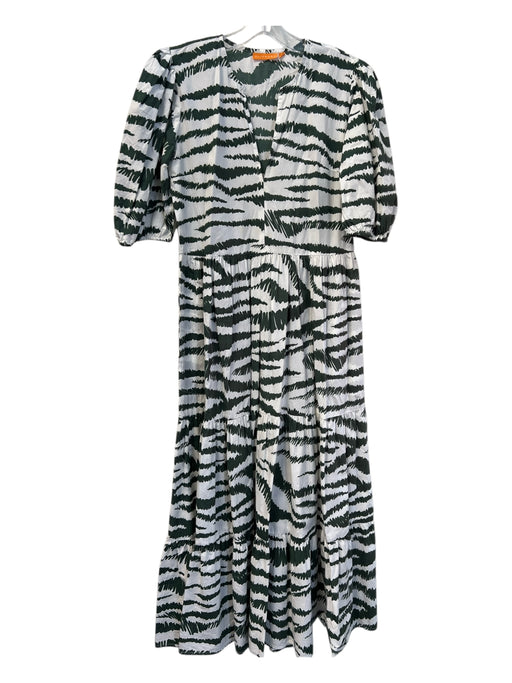 Oliphant Size Small White & Green Cotton round split neck Raw edge striped Dress White & Green / Small